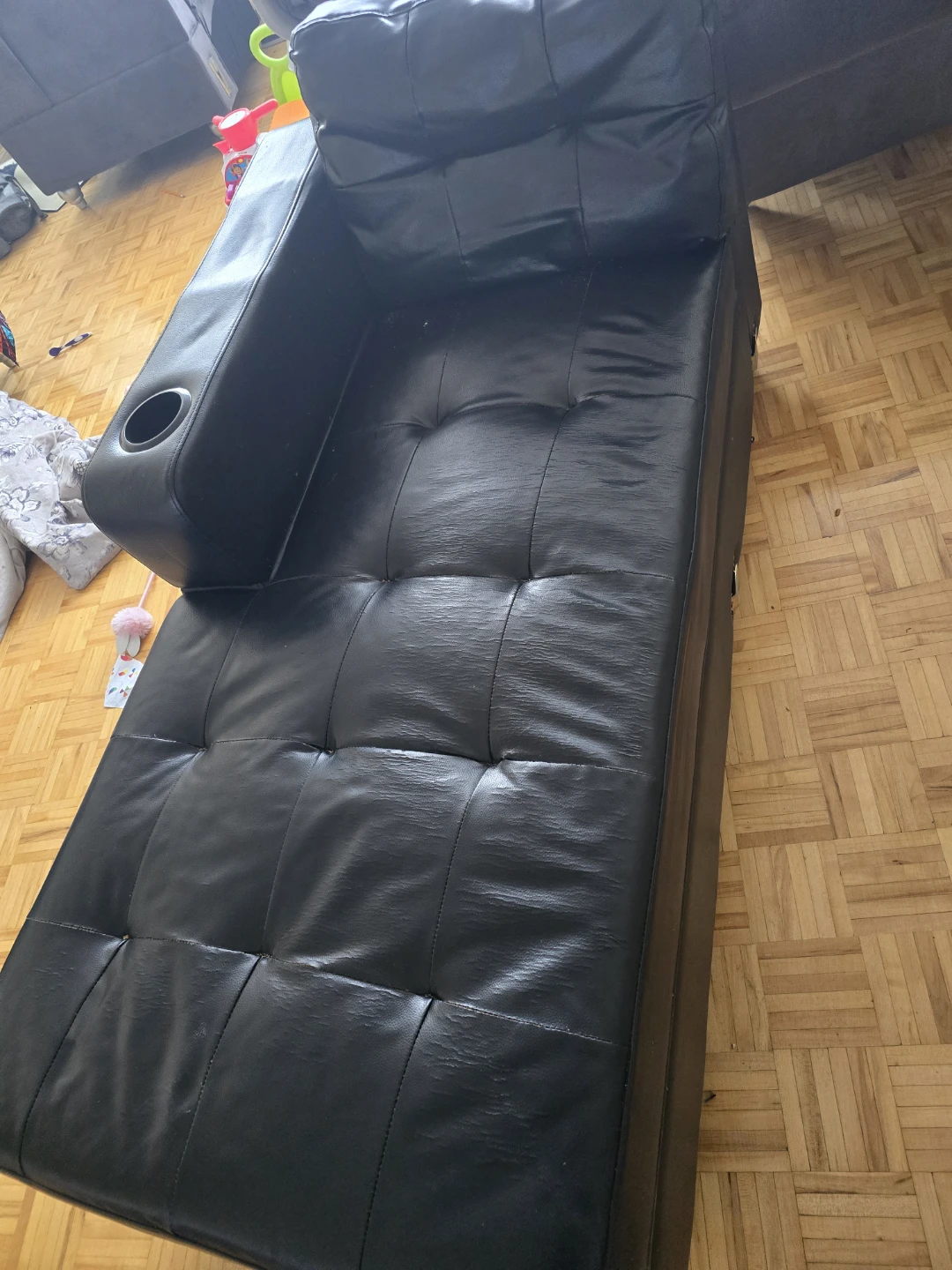Black Faux Leather Chaise Lounge with Storage and Cup Holder