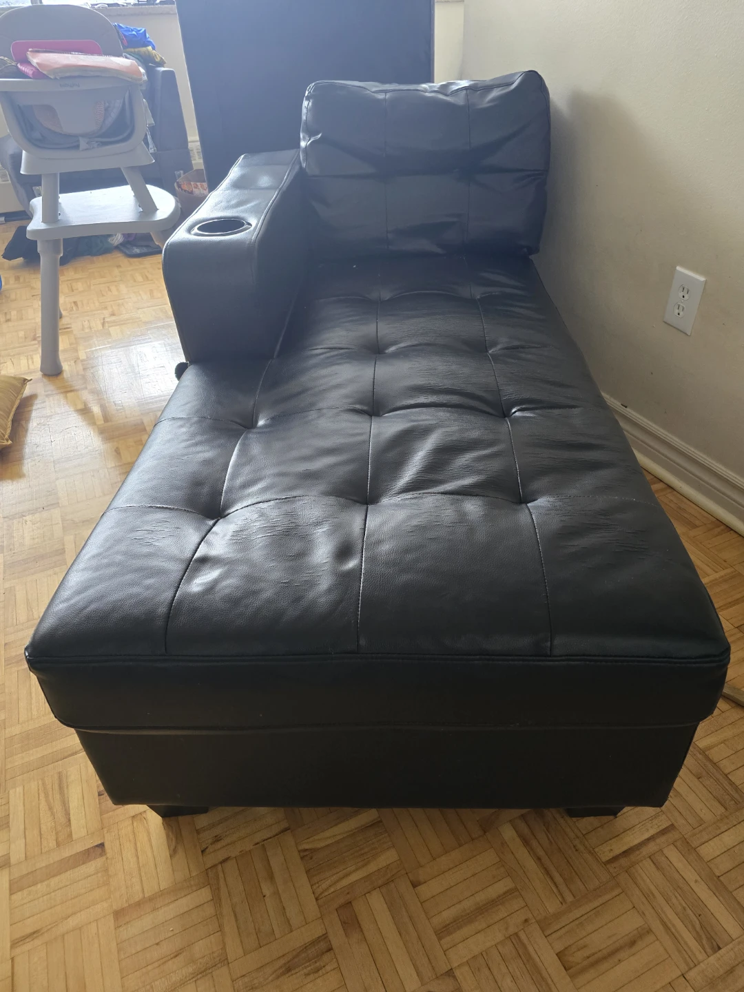 Black Faux Leather Chaise Lounge with Storage and Cup Holder - photo 3
