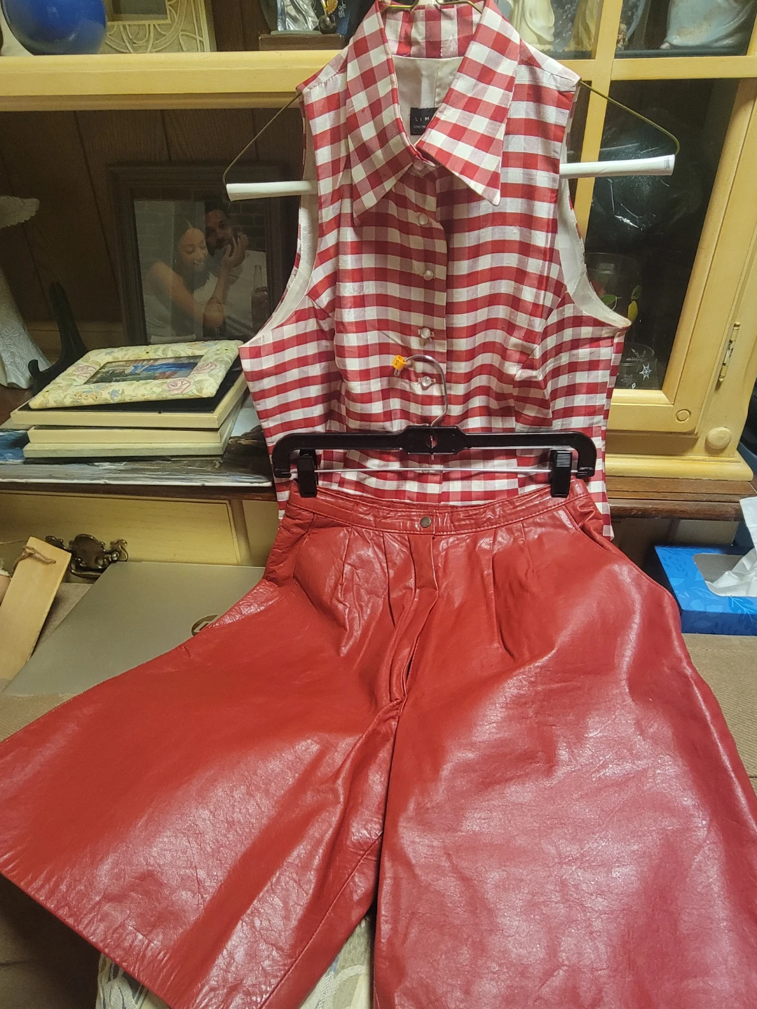 Red Leather Shorts and Red/White Gingham Button-Up Vest - photo 2
