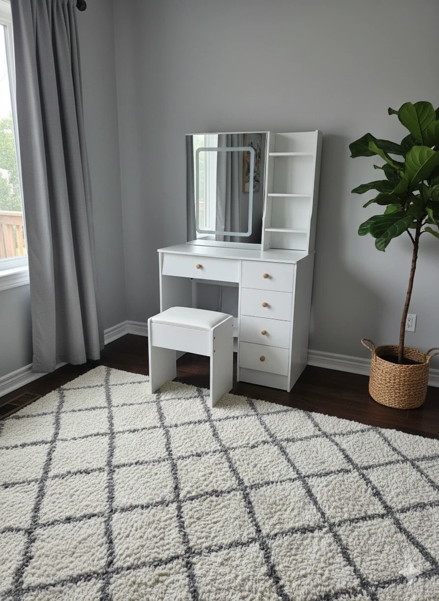 White Vanity Table with Lighted Mirror & Stool