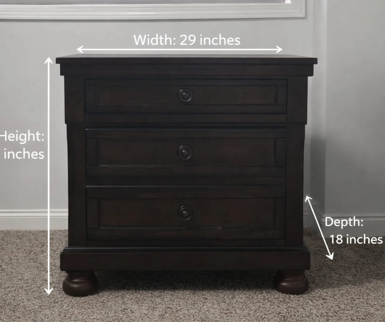 Dark Wood Nightstand - 3 Drawers
