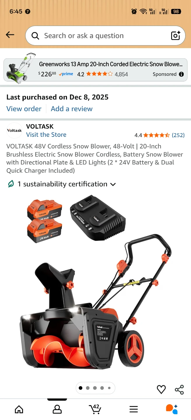 VOLTASK 48V Cordless Snow Blower - 20-Inch