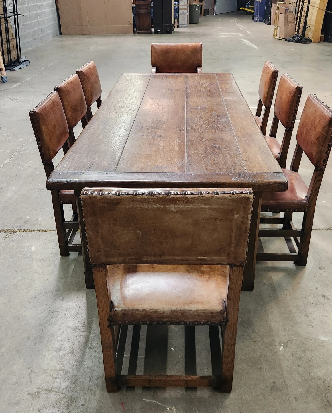 Vintage Wood Dining Table with 6 Leather Chairs