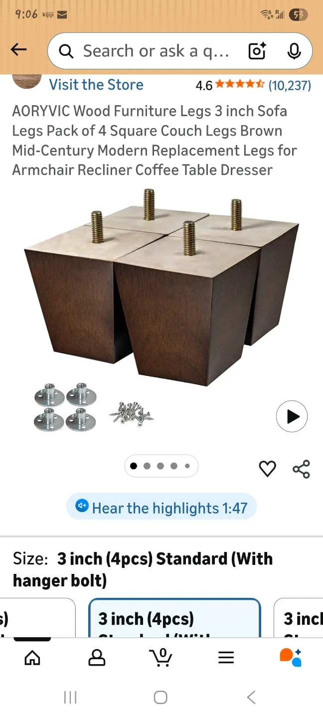 4pk Wood Furniture Legs 3" Brown Mid-Century Modern