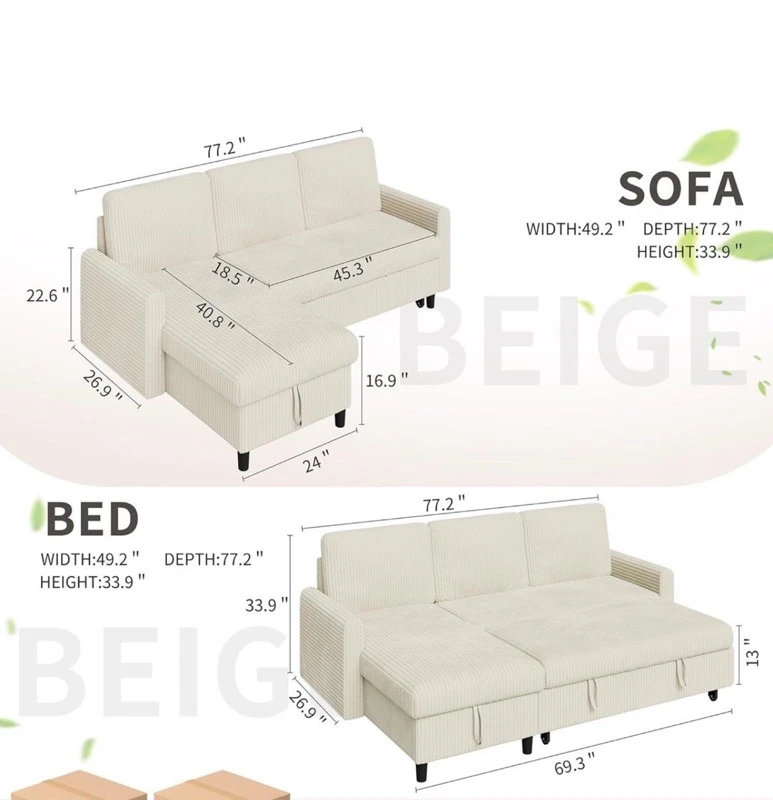 Beige Sofa Bed with Storage - photo 5