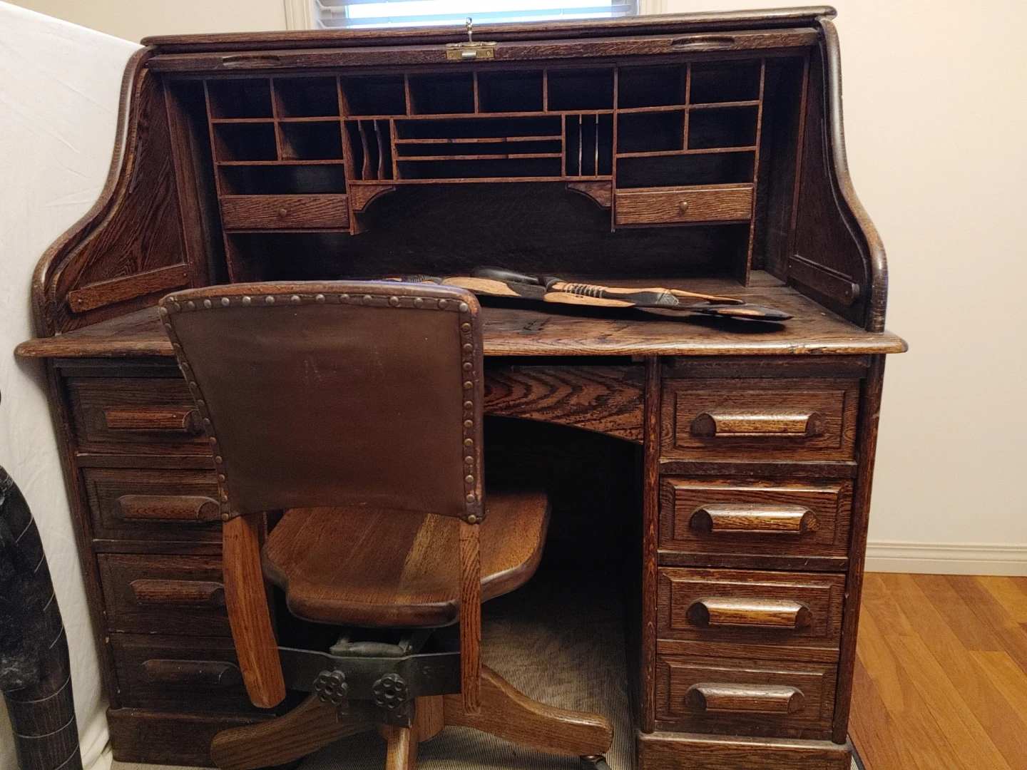 Antique Oak Roll Top Desk with Chair from the 1900s