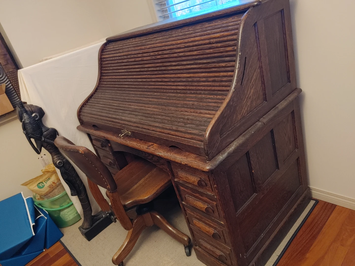 Antique Oak Roll Top Desk with Chair from the 1900s - photo 2