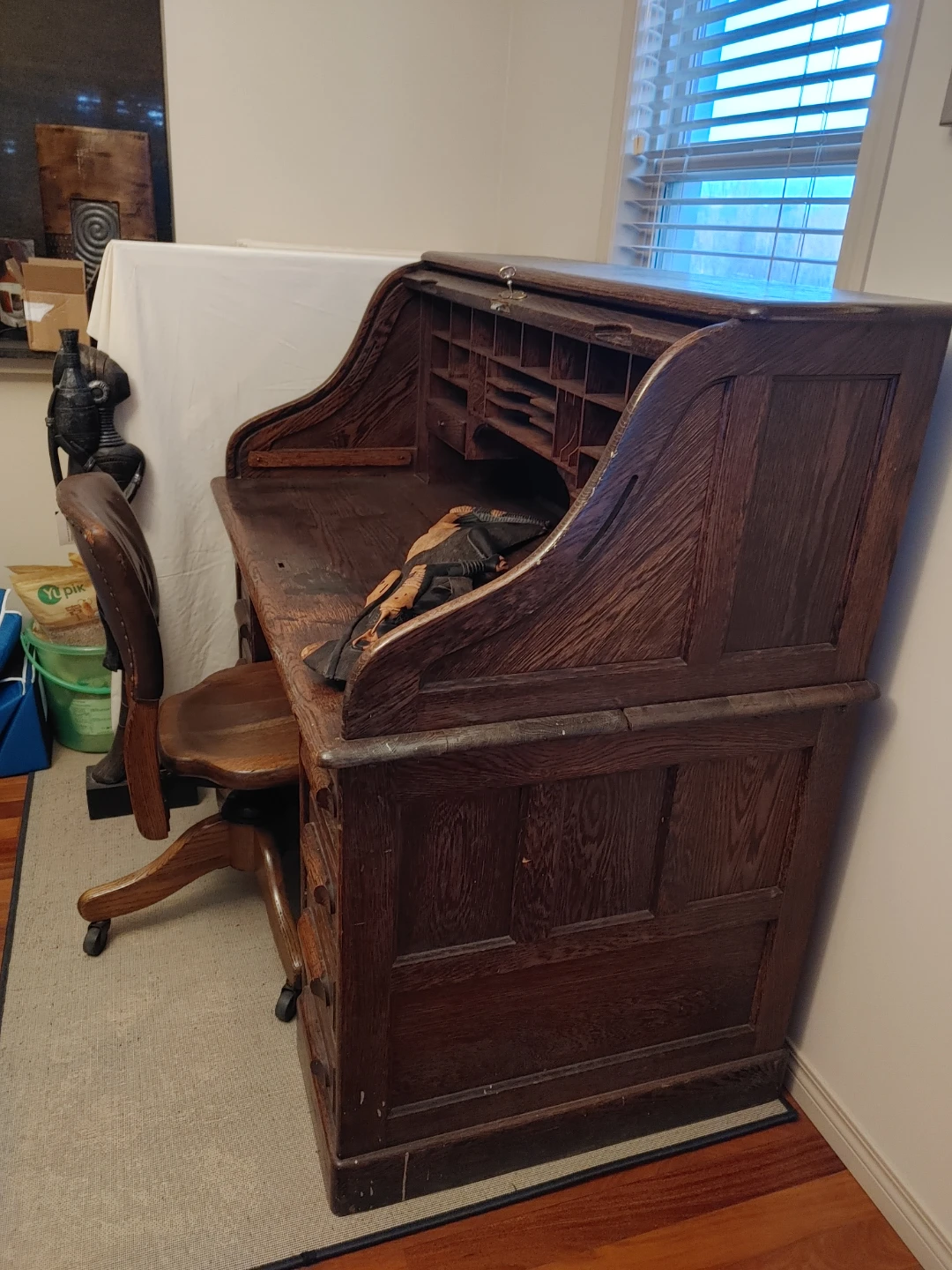 Antique Oak Roll Top Desk with Chair from the 1900s - photo 3