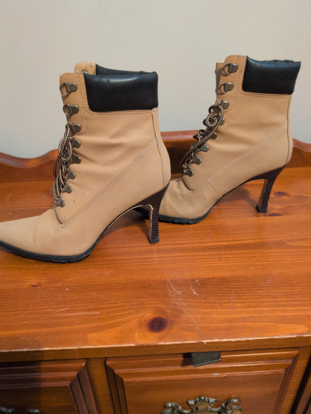 Women's Tan Lace-Up Heel Boots