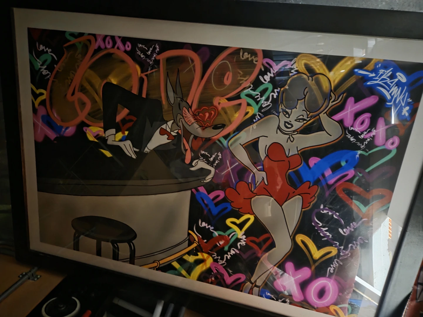 Framed Cartoon Art Print with Graffiti Hearts