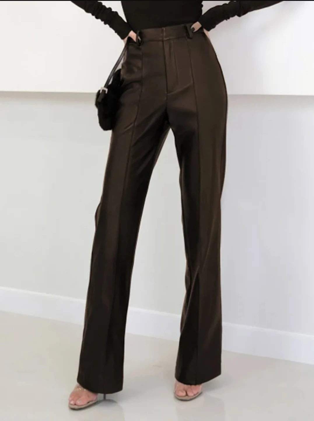 Commense Dark Brown Faux Leather Wide Leg Pants NWT size M