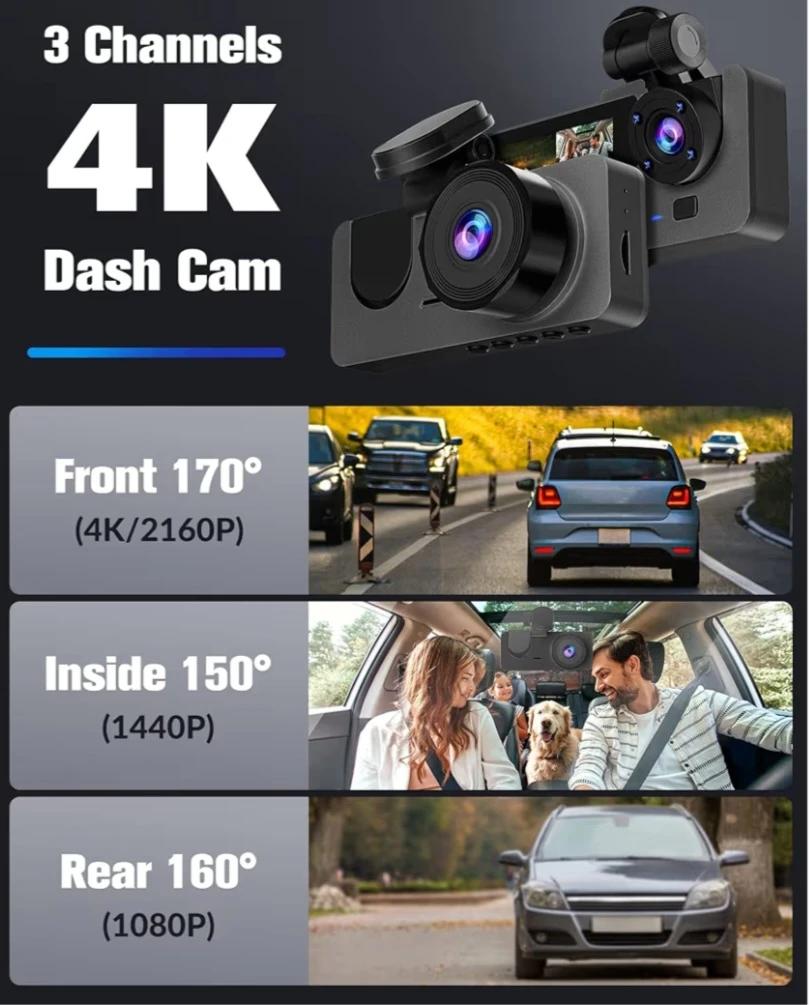 4K Dash Cam - 3 Channels, 32GB Card, Night Vision - photo 4