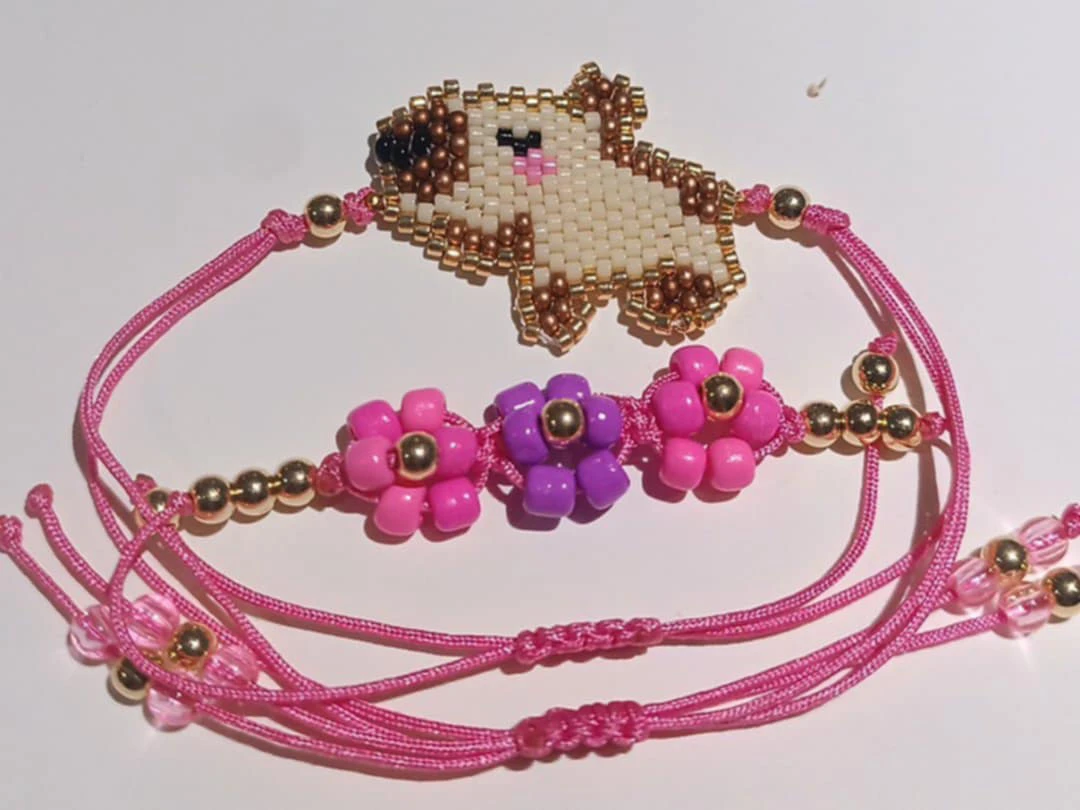 Handmade Beaded Capybara & Flower Bracelet