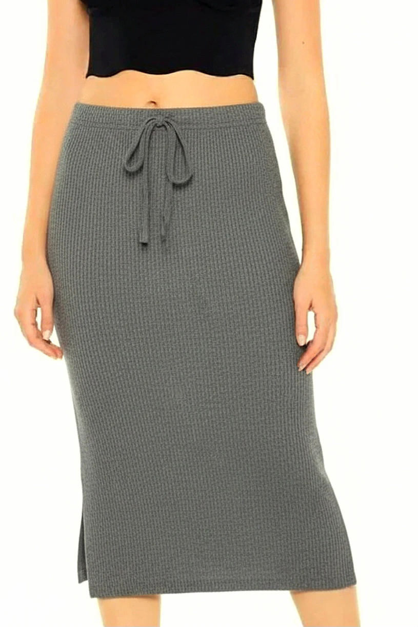 👗Grey Drawstring Midi Ribbed Skirt with Side Slits👗