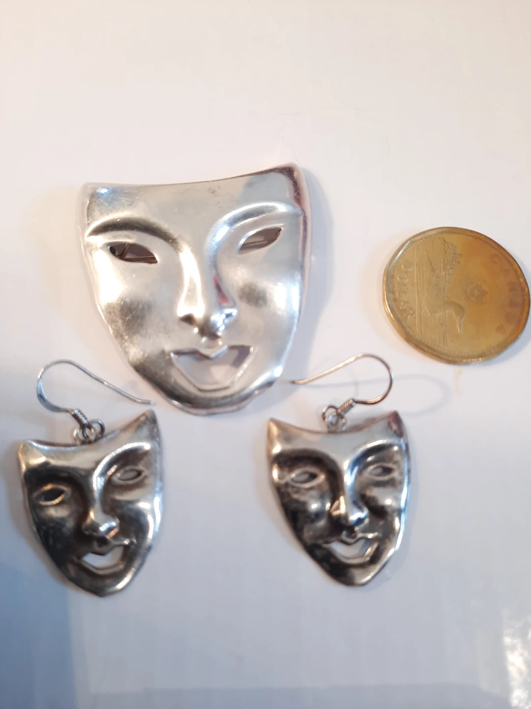 Vintage ND 925 Silver Mask Brooch & Earrings Set