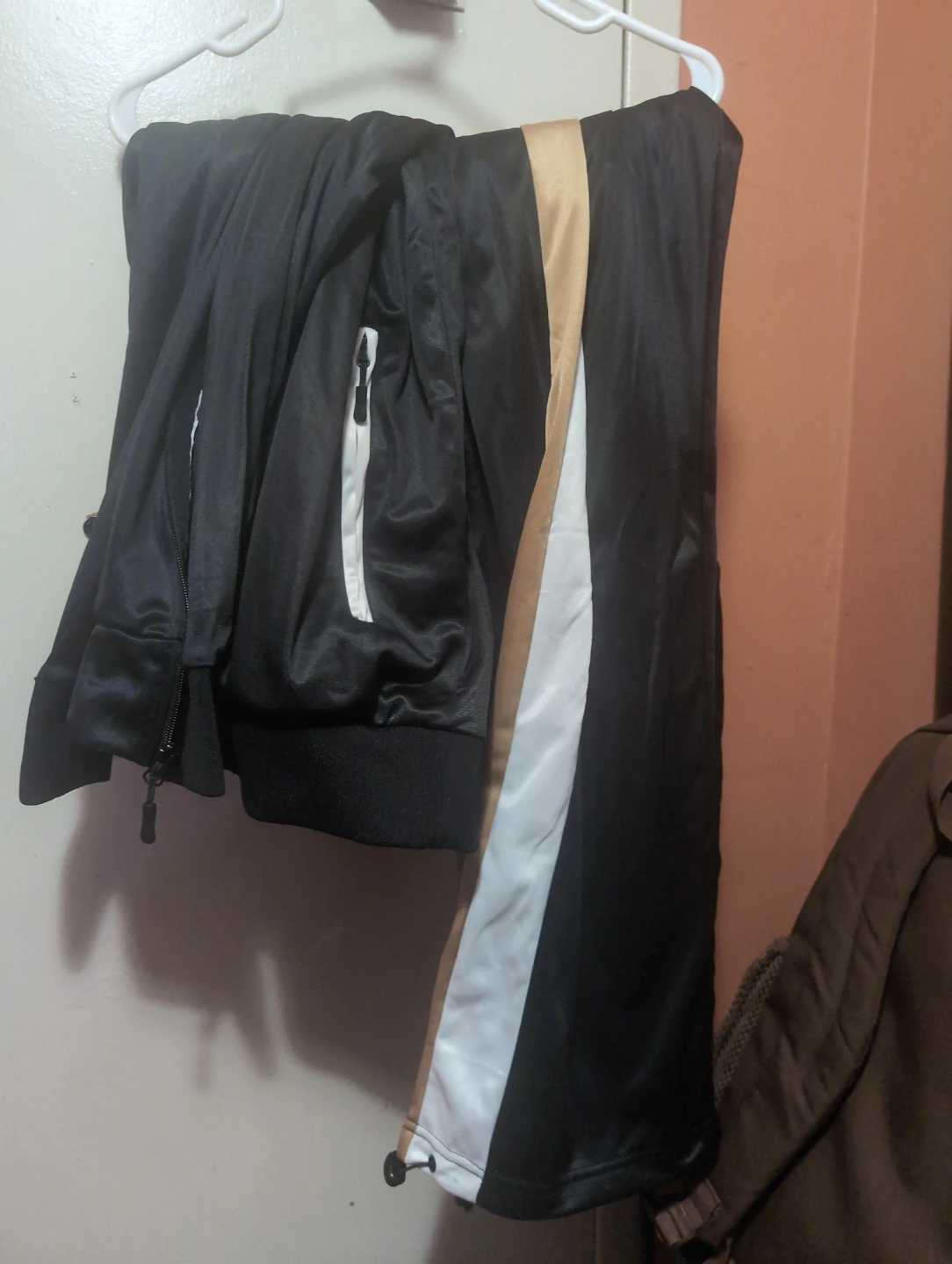 Black Tracksuit with Gold and White Stripes