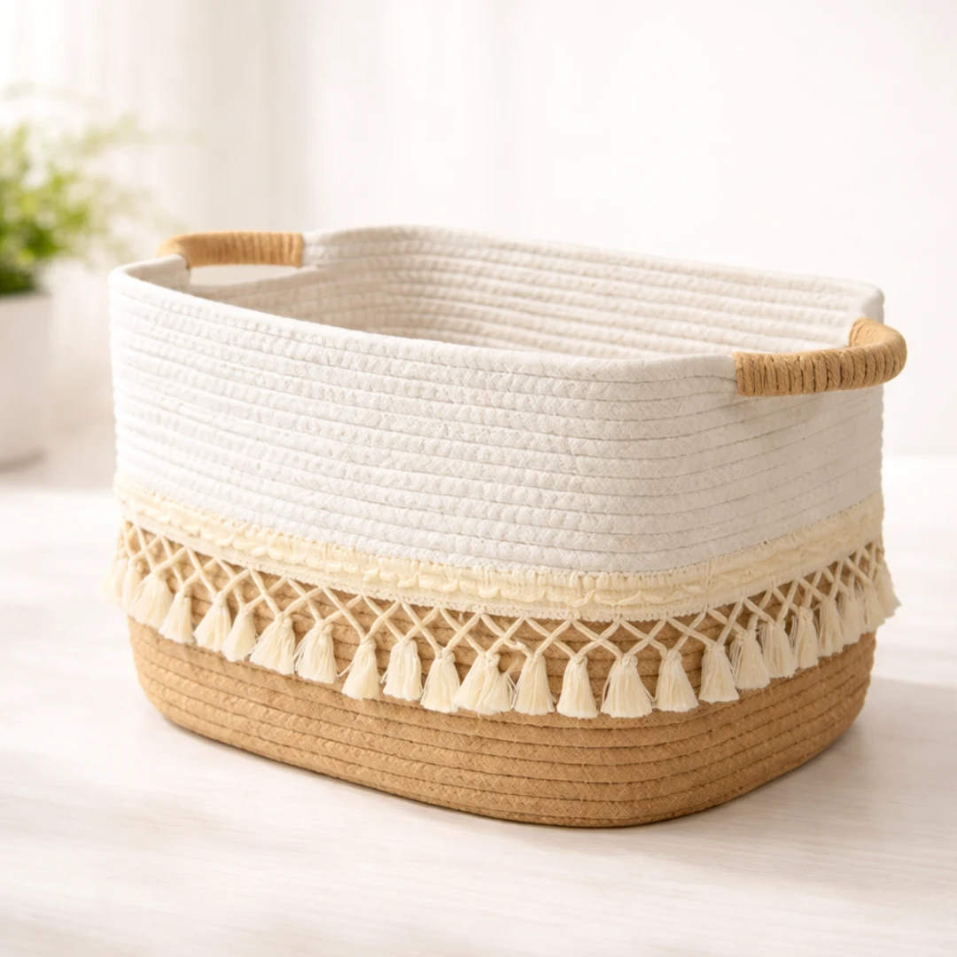 Woven Rope Storage Basket with Tassels - Tan/White