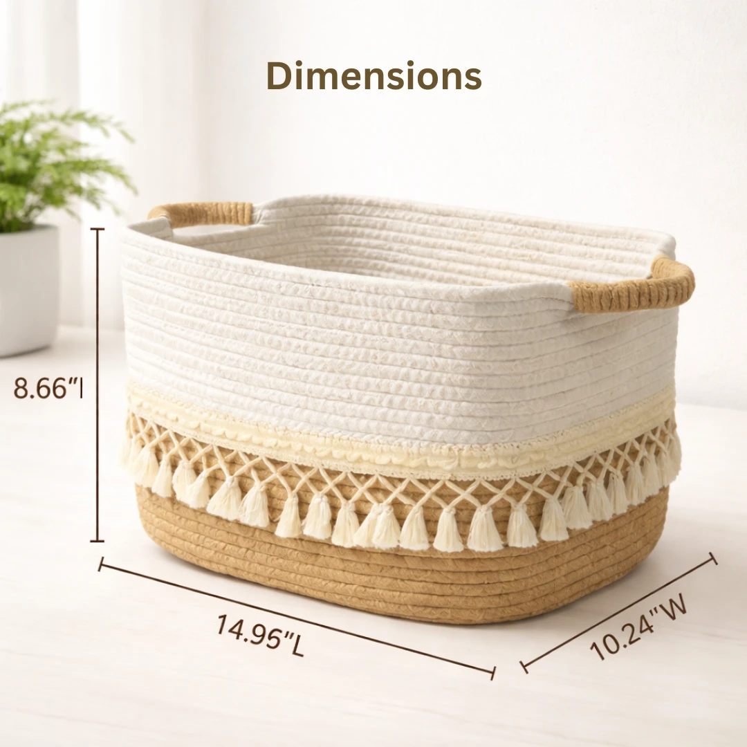 Woven Rope Storage Basket with Tassels - Tan/White - photo 2