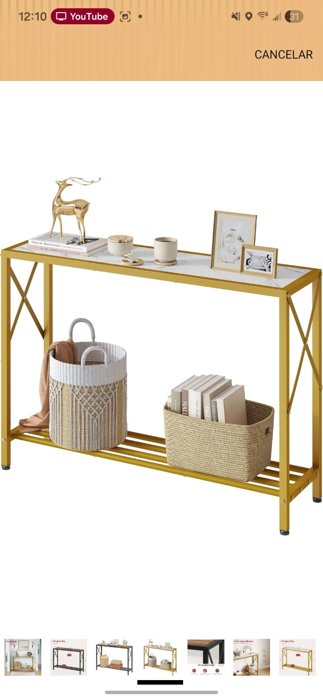 Gold Console Table with White Marble Top - 41.8" L