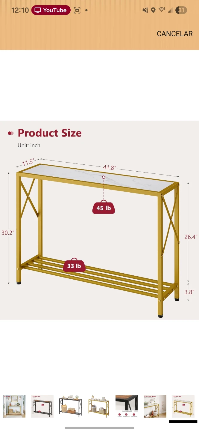 Gold Console Table with White Marble Top - 41.8" L - photo 2