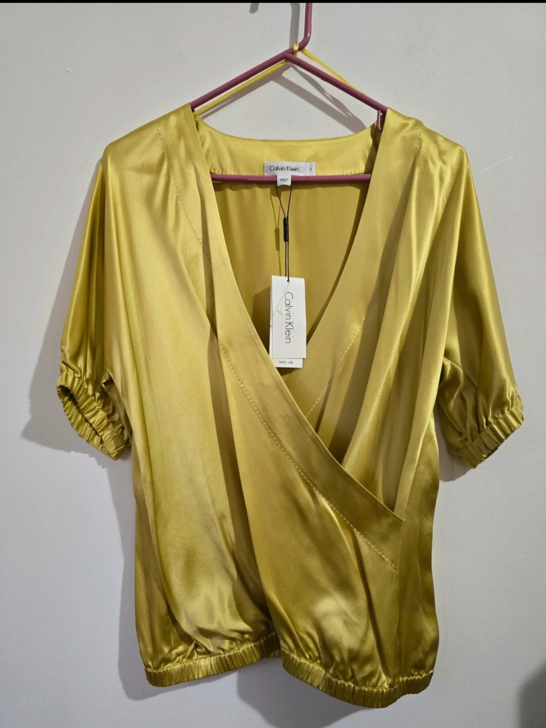 Calvin Klein Women's Gold Satin Wrap Blouse Size Small - photo 3