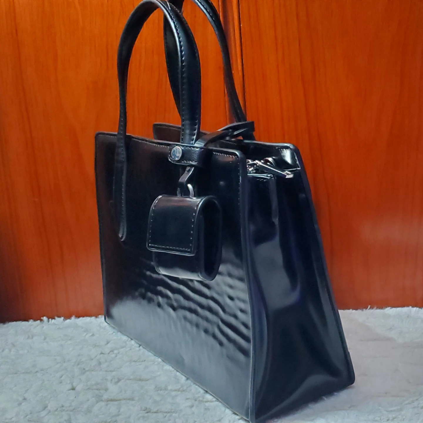 MNG Black Patent Leather Tote Handbag