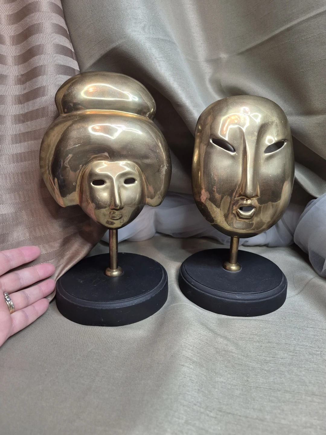 Pair of Vintage Solid Brass 9 1/2" Tall Asian Mask