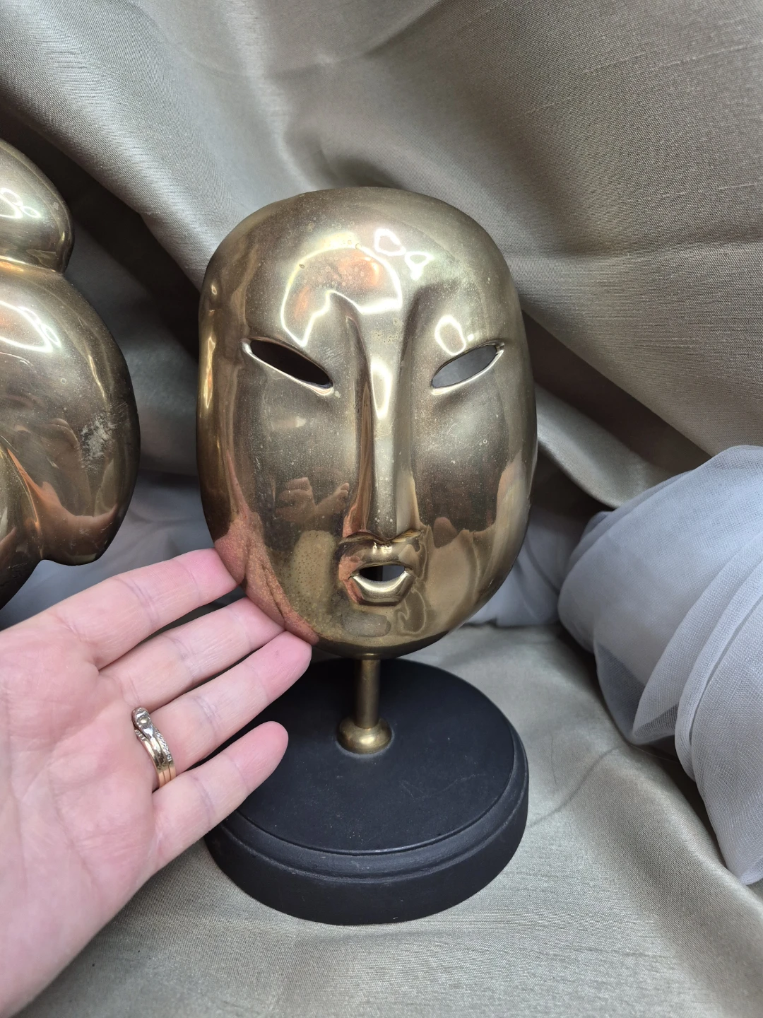 Pair of Vintage Solid Brass 9 1/2" Tall Asian Mask - photo 3