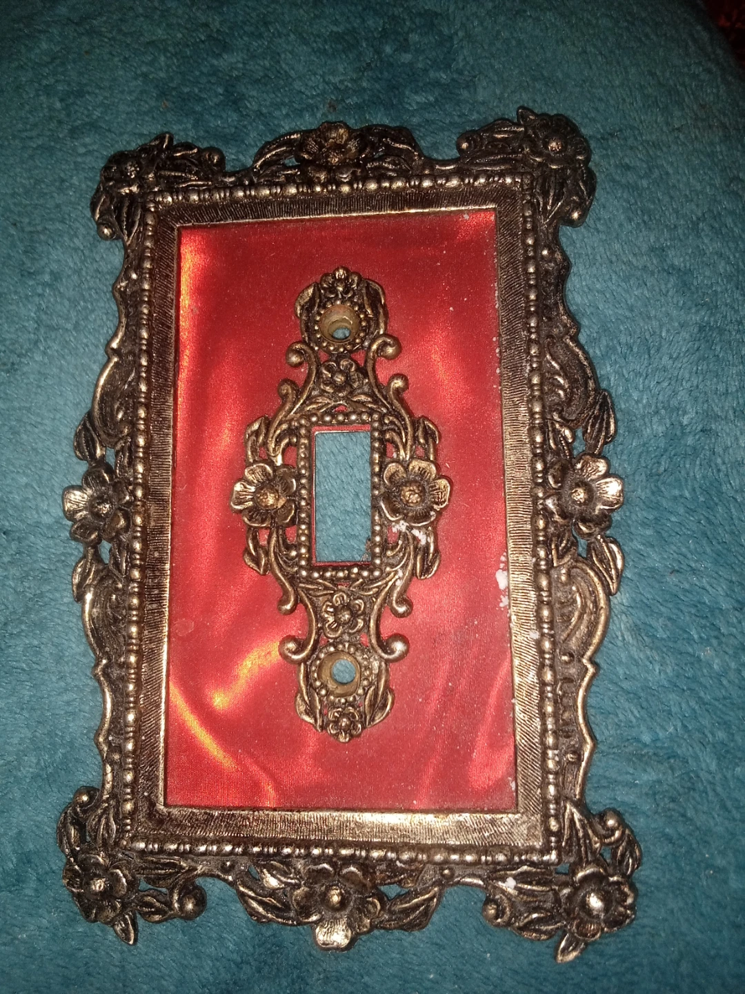 Ornate Metal Light Switch Plate Cover with Red Fabric