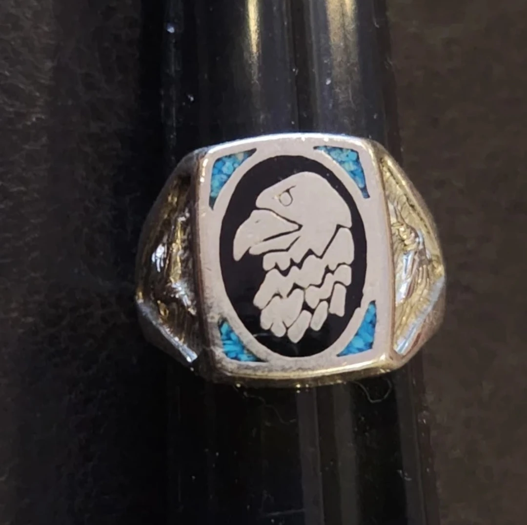 Silver Eagle Inlay Ring with Turquoise Accents