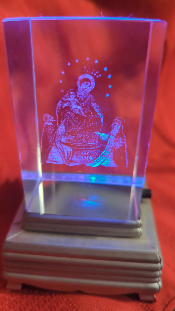 Illuminated Religious itched Crystal Display
