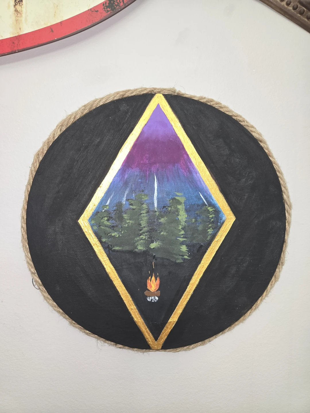 Hand-Painted Oval Art - Forest Campfire Scene