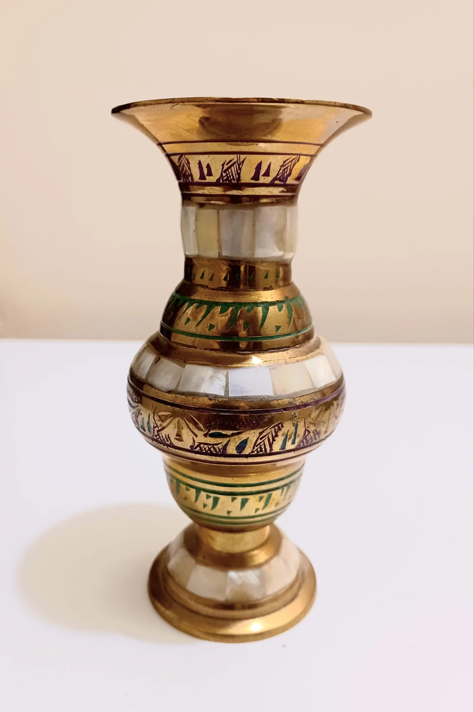 Rare Mother of Pearl & Etched Brass Vase