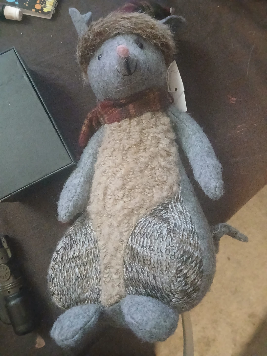 Stuffed Grey Mouse Toy with Hat and Scarf