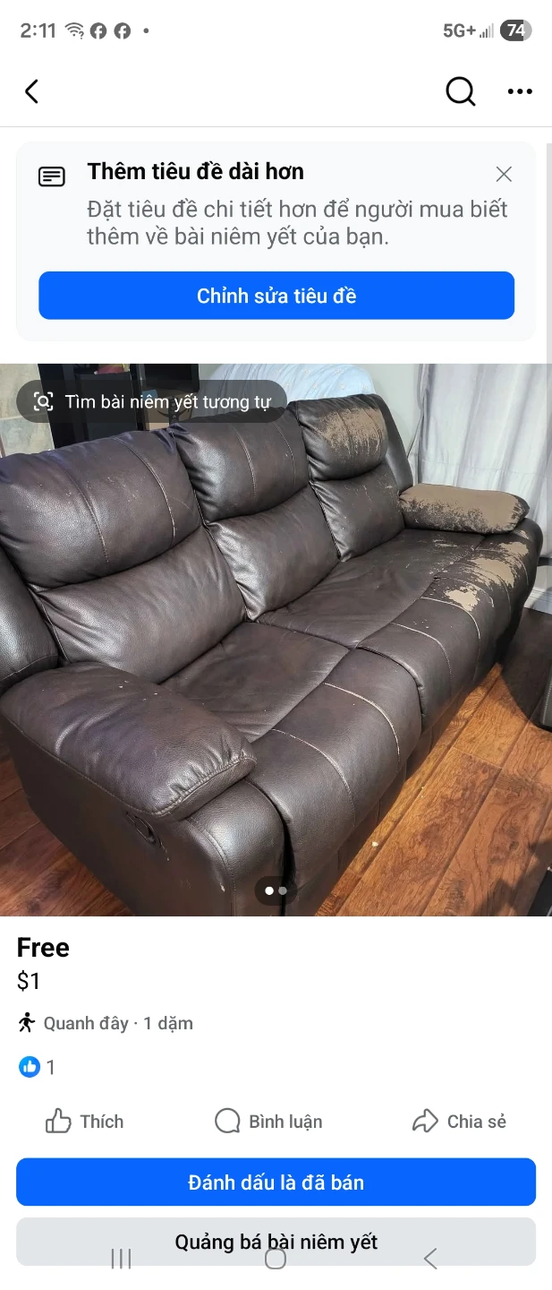 Brown Leather Couch With Recliner Both Side.