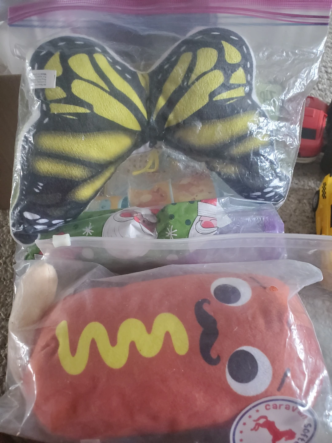 Plush butterfly and hot dog toys New
