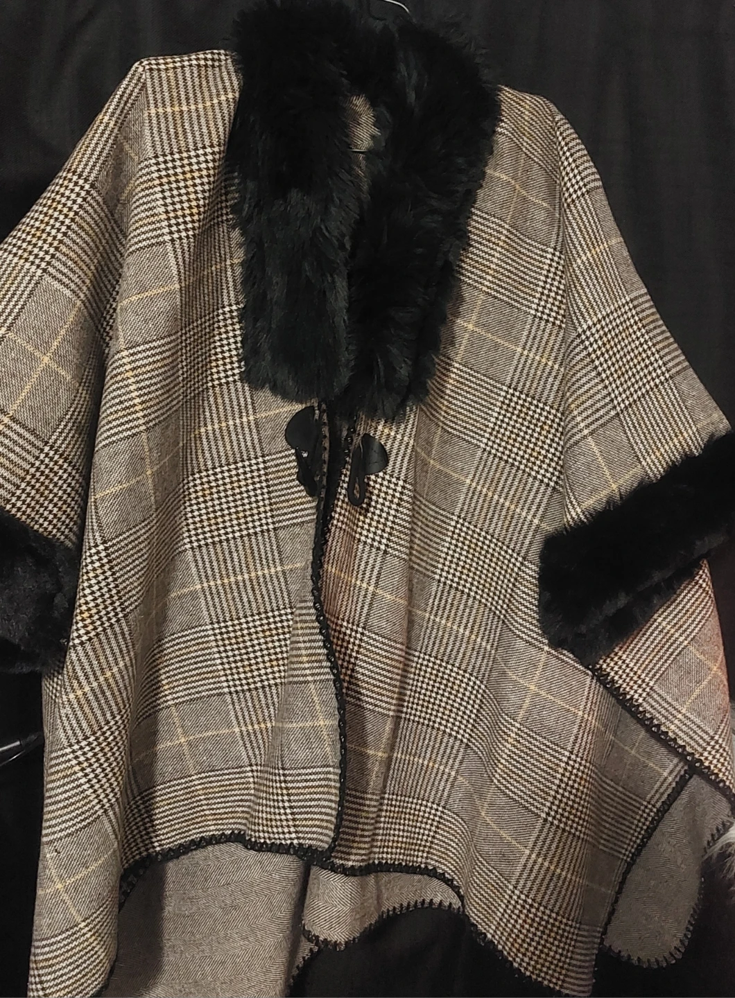 Plaid Poncho with Faux Fur Trim