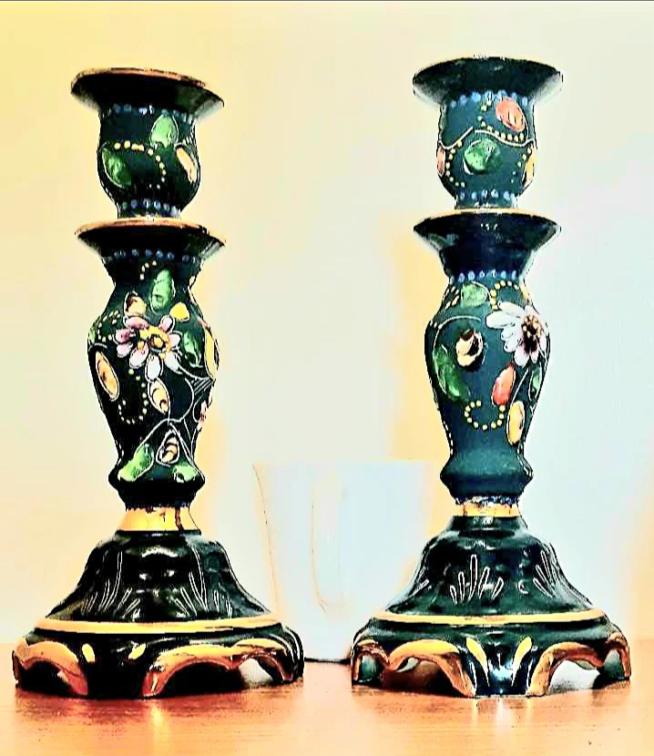 Stunning Hand Crafted H. Bequet Quaregnon Floral Candle Holders