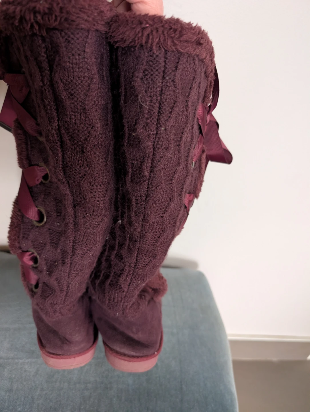 Burgundy Knit Boots with Ribbon Ties - photo 2