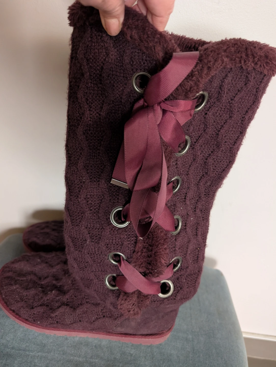 Burgundy Knit Boots with Ribbon Ties - photo 3