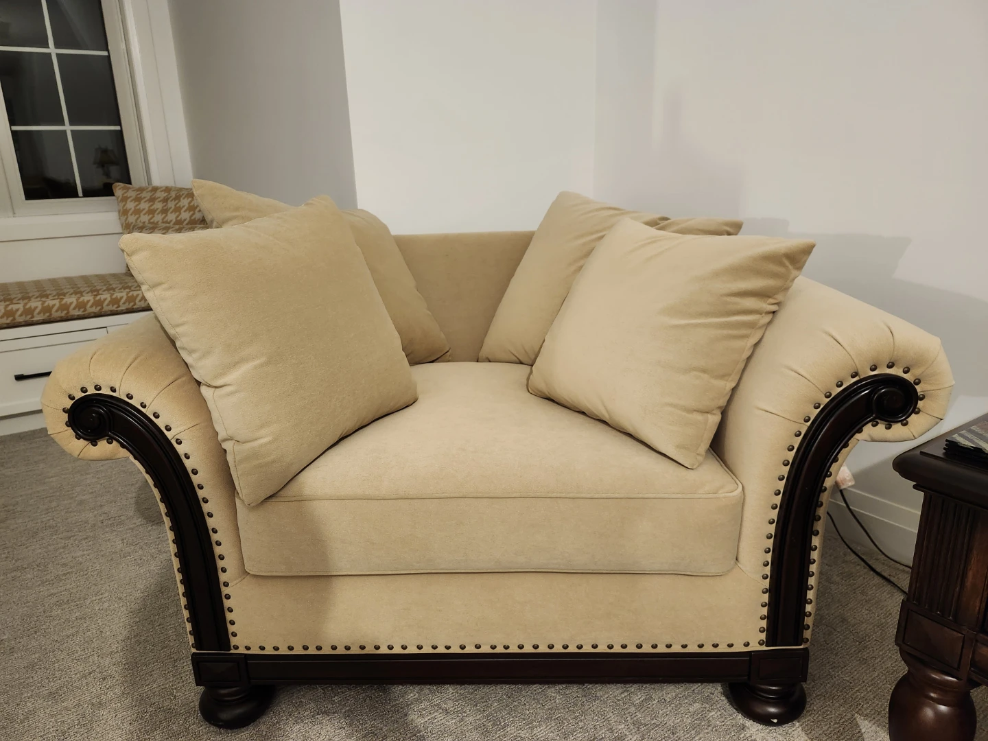 Beige Suede couch, loveseat and ottoman with accent pillows
