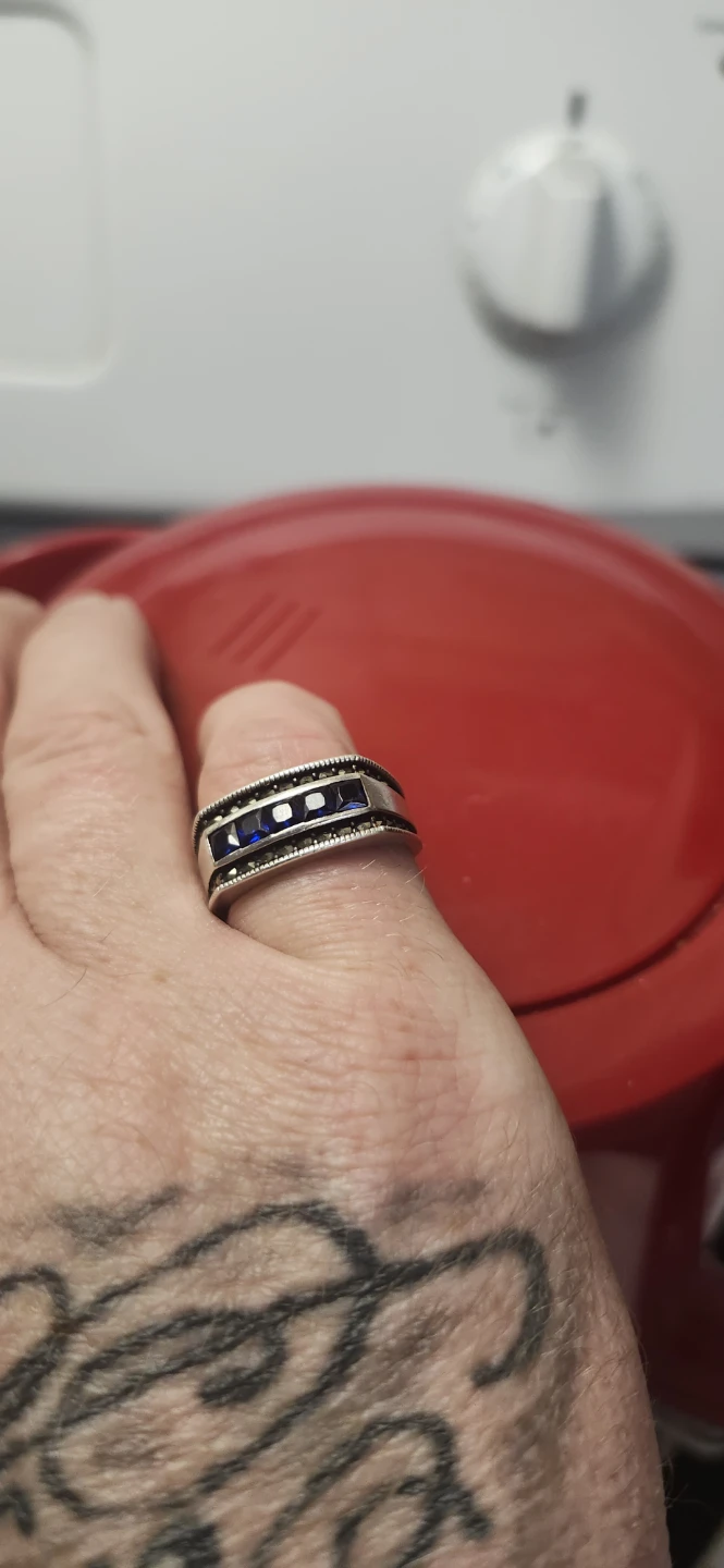 Men's Silver Band Ring with Blue Stones