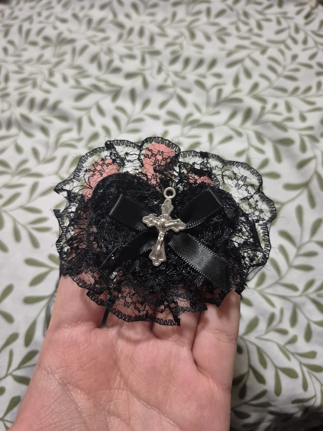 Gothic Black Lace eye patch with Cross Pendant.