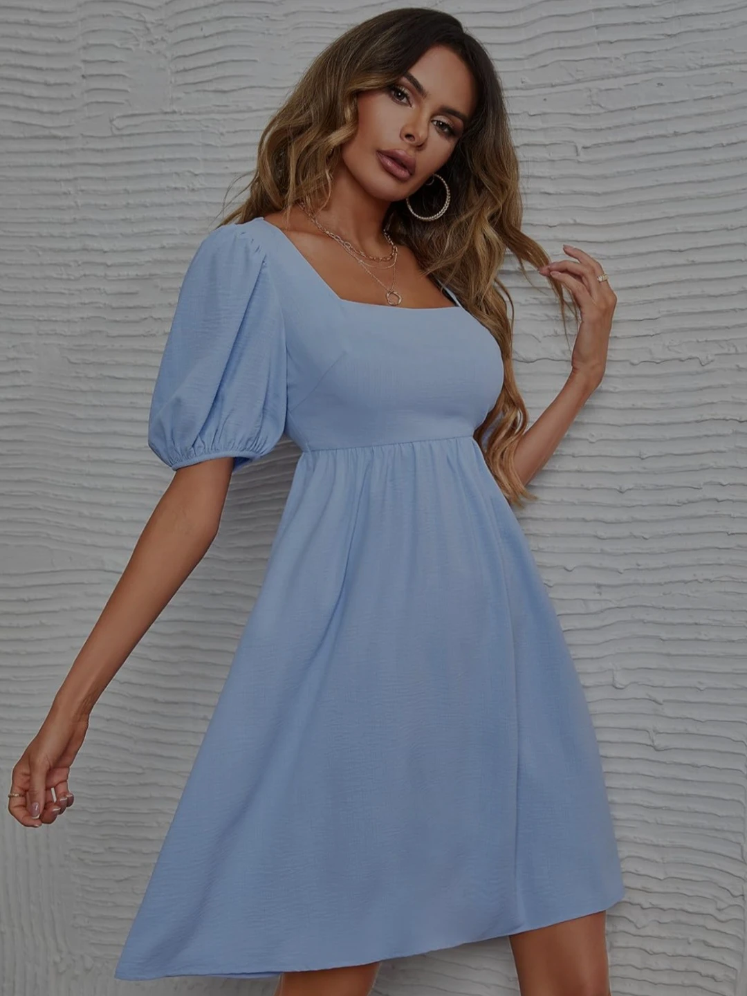 Light Blue Puff Sleeve Mini Dress - photo 3