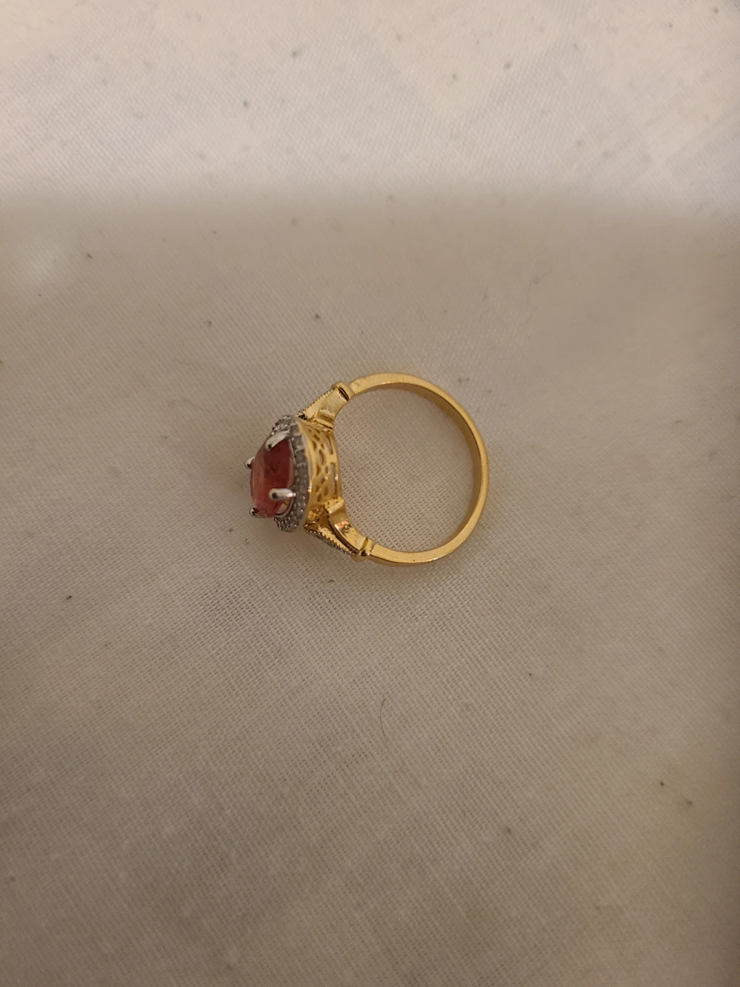 Gold-tone Ring with Red Stone and CZ Accent