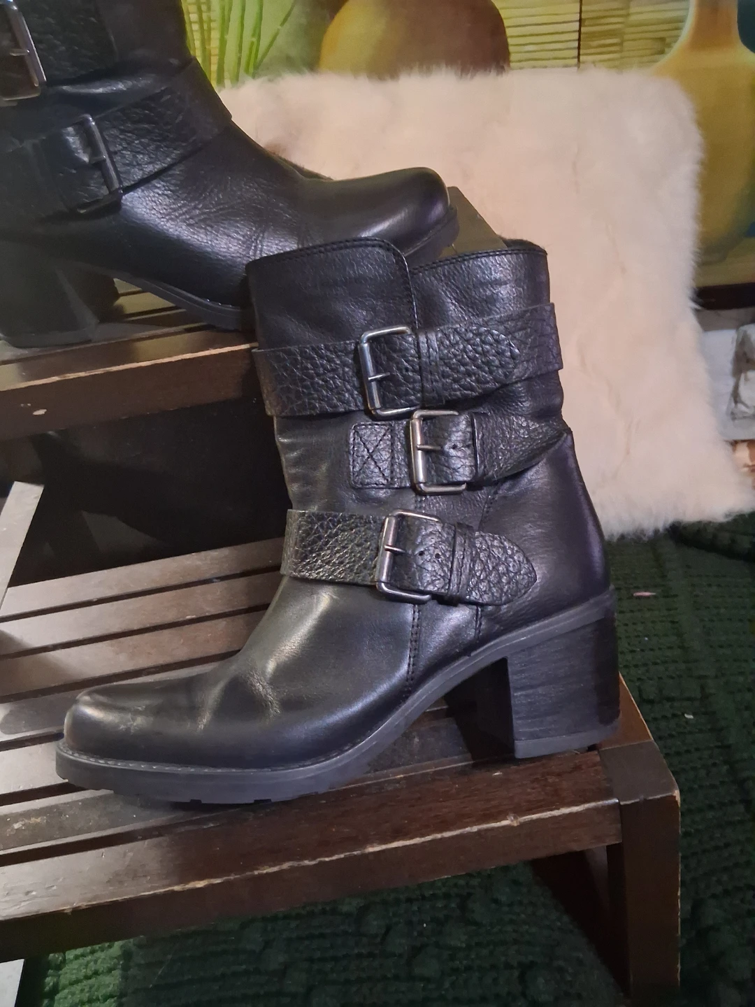 Clarks Black Leather Buckle Ankle Boots