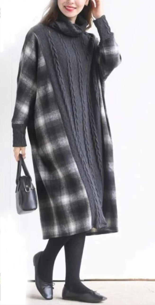 Japan Brand RPS Women's Plaid & Cable Knit One Piece Dress