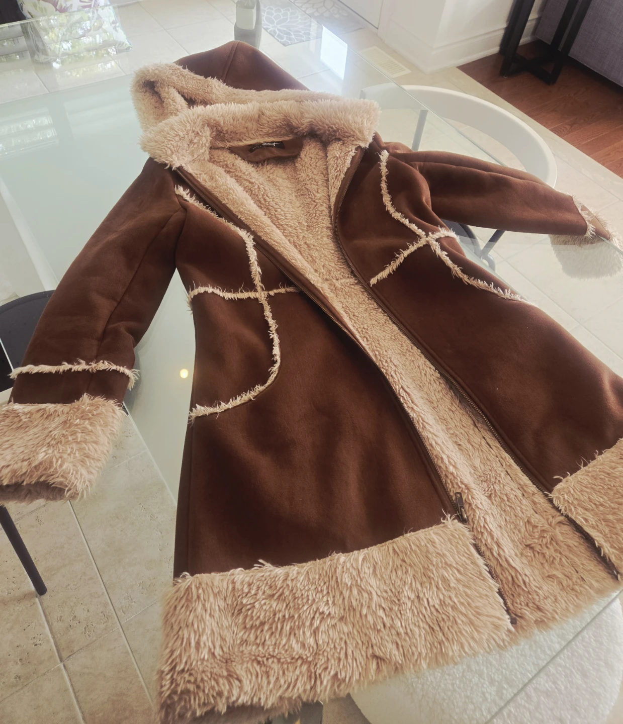 Brown Faux Suede & Fur Trim Coat - photo 4