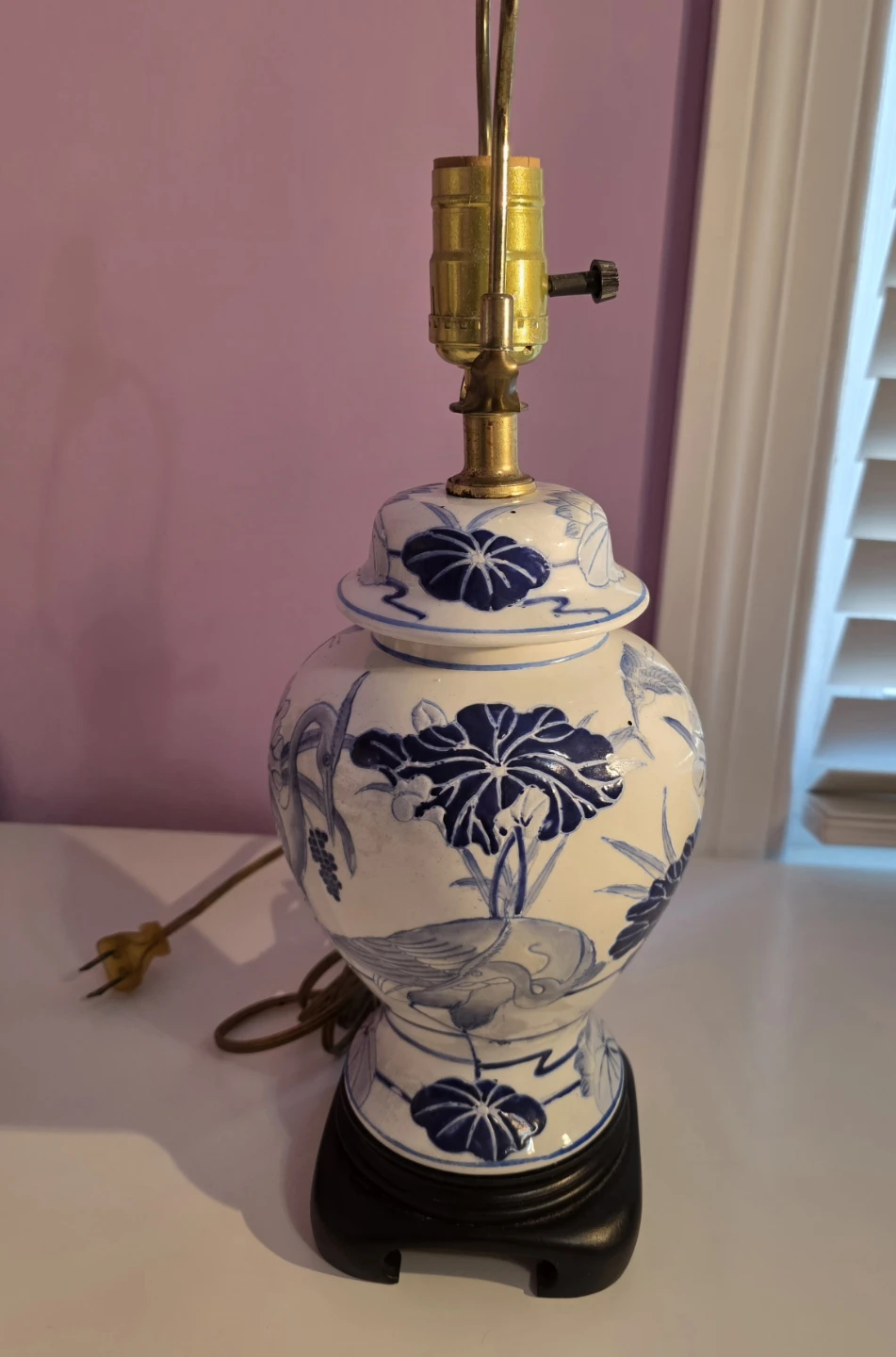 Chinese Blue and White Ginger Jar Table Lamp Crane and lotos - photo 4