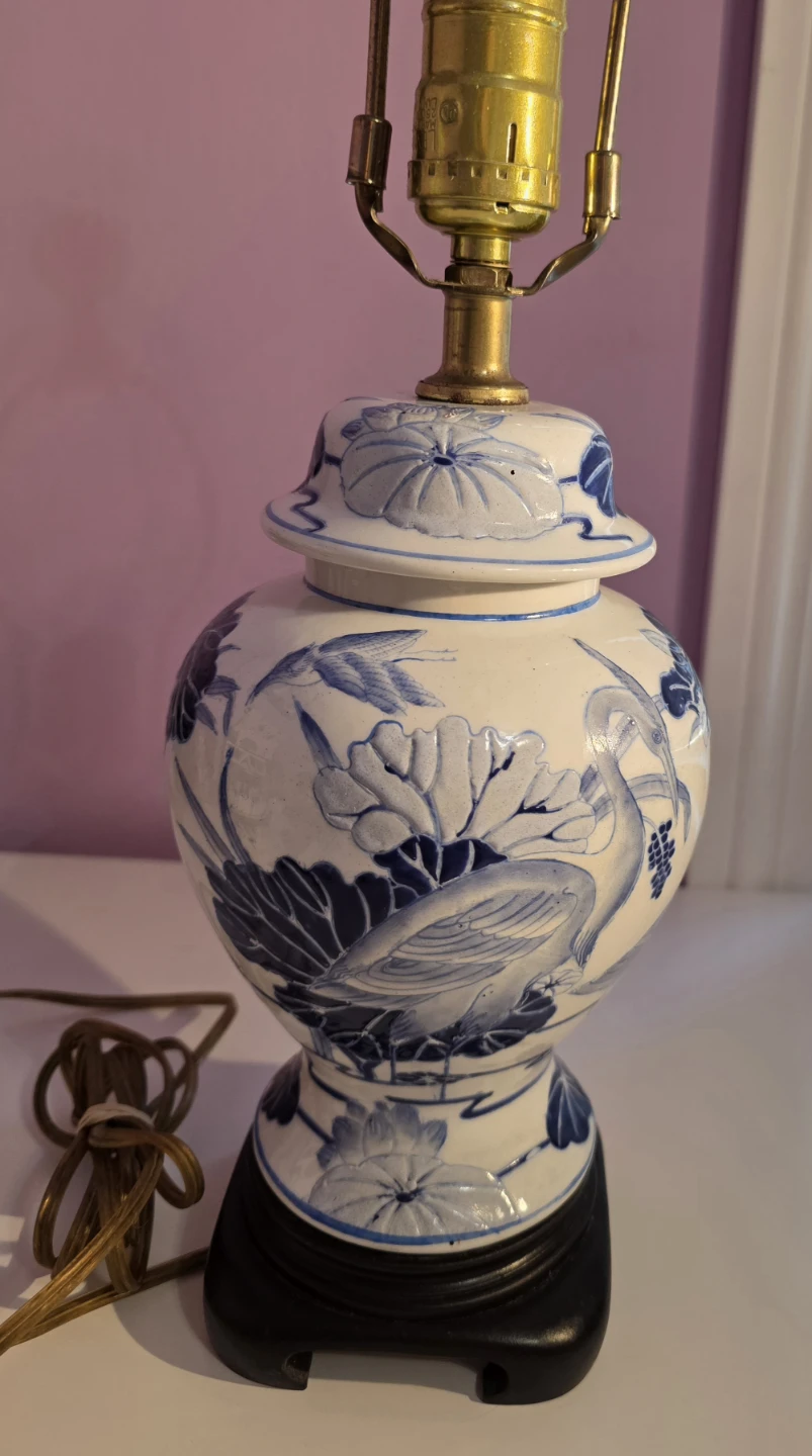 Chinese Blue and White Ginger Jar Table Lamp Crane and lotos - photo 5